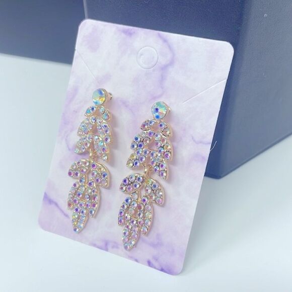 Iridescent Rhinestone Gold Leaf Post Drop Earrings - Picture 1 of 6